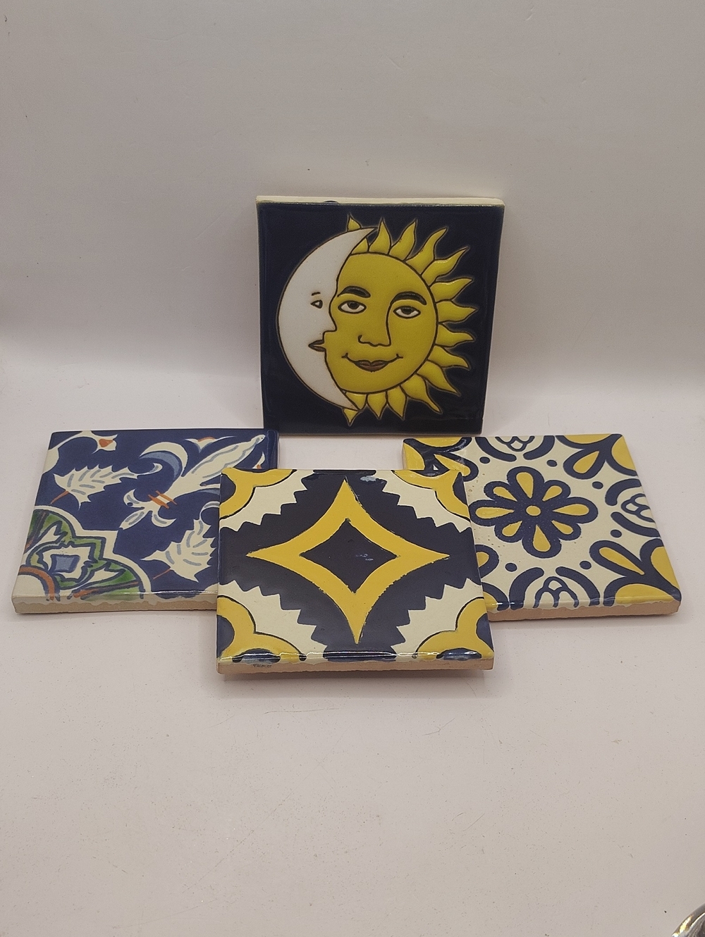 Vintage Set Of 4 Hand-Painted Terracotta Tiles - Yellow and Blue